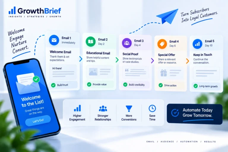Automated email sequence flow with connected messages and workflow steps